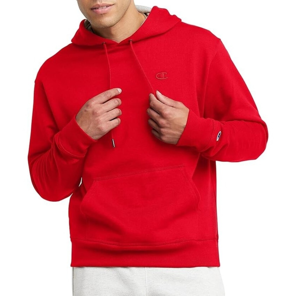 Champion Hoodie Mens L Red Powerblend Fleece Pullover Embroidered C Logo Hooded